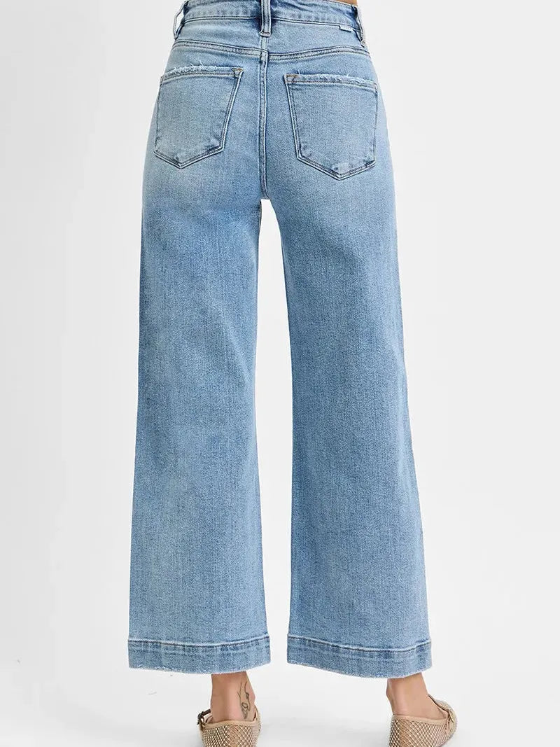 Risen Sky Stride High Rise Crop Wide Leg Jeans in Light Stone-Women's Jeans-Shop Z & Joxa