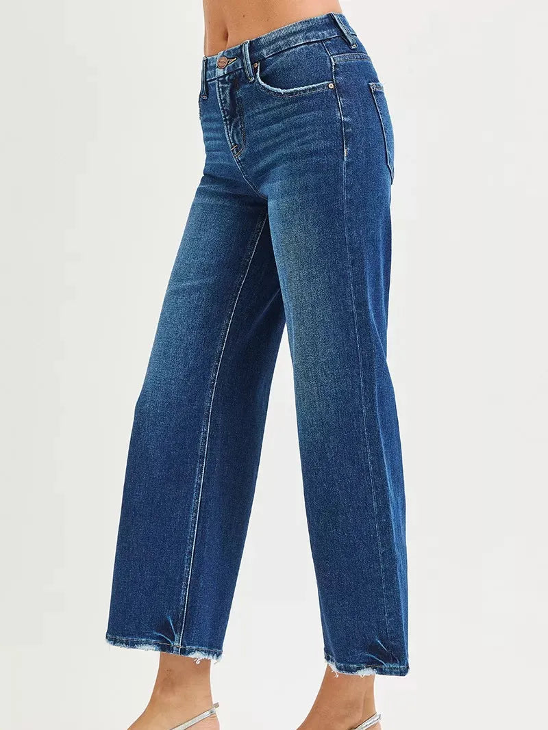 Risen Skyline Tummy Control Wide Leg Frayed Edge Crop Jeans-Women's Jeans-Shop Z & Joxa