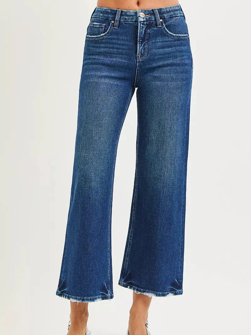 Risen Skyline Tummy Control Wide Leg Frayed Edge Crop Jeans-Women's Jeans-Shop Z & Joxa