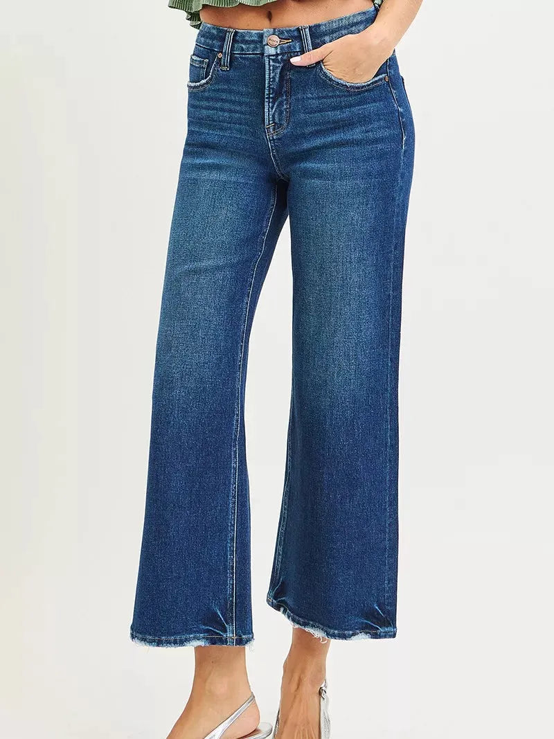 Risen Skyline Tummy Control Wide Leg Frayed Edge Crop Jeans-Women's Jeans-Shop Z & Joxa