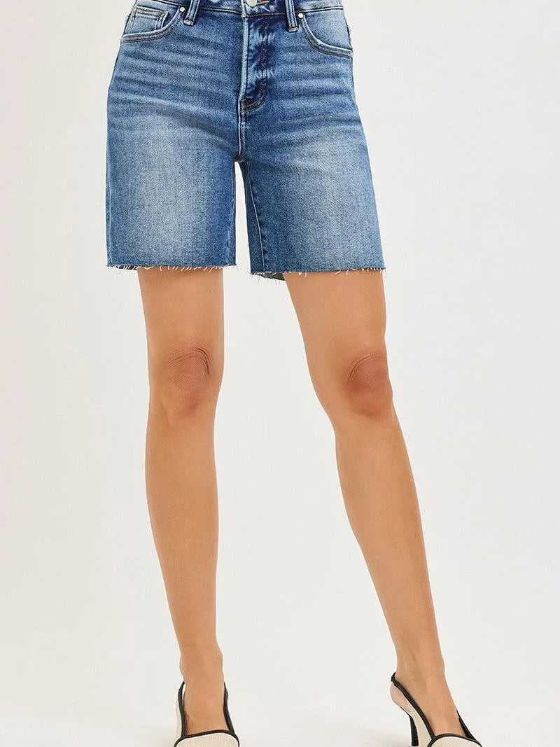 Risen Sleek Stone Tummy Control High Rise Raw Cut Hem Jorts-Women's Shorts-Shop Z & Joxa