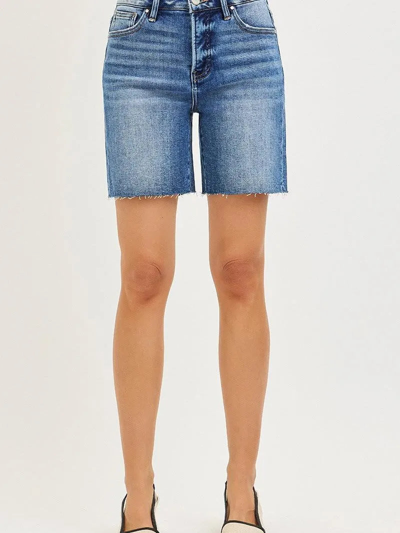 Risen Sleek Stone Tummy Control High Rise Raw Cut Hem Jorts-Women's Shorts-Shop Z & Joxa