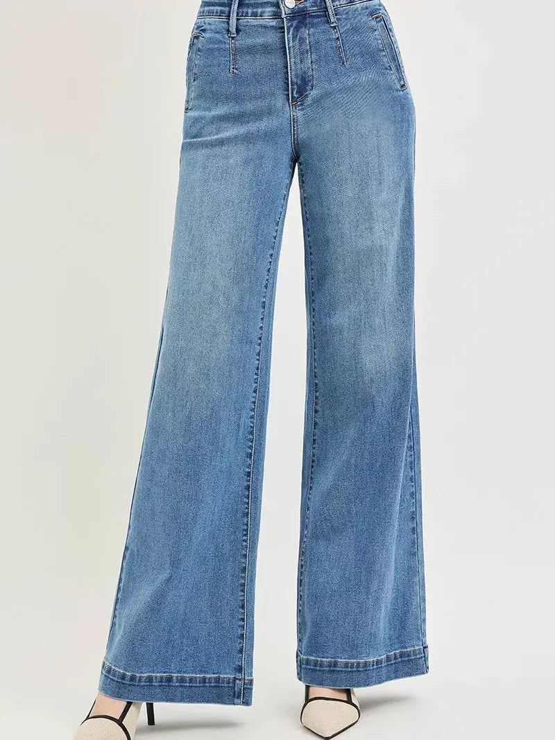 Risen Smooth Motion Control Elastic Band High Rise Wide Jeans-Women's Jeans-Shop Z & Joxa