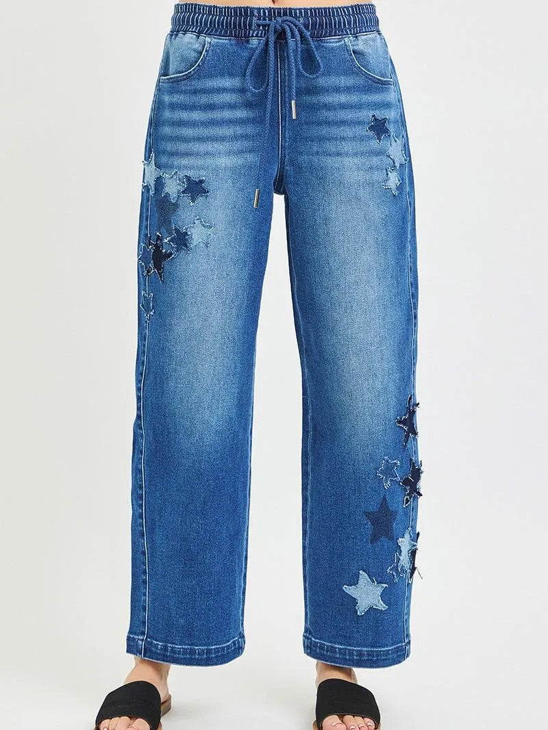 Risen Starstruck Elastic Slouchy Cropped Barrel with Star Patch-Women's Jeans-Shop Z & Joxa