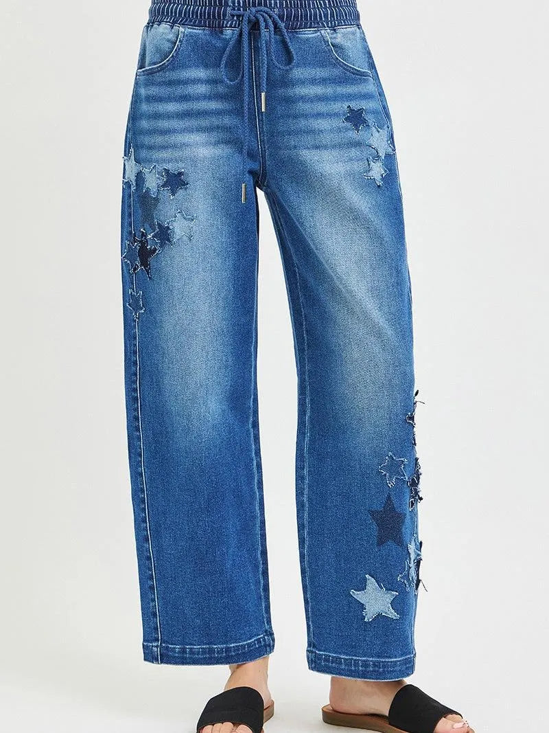 Risen Starstruck Elastic Slouchy Cropped Barrel with Star Patch-Women's Jeans-Shop Z & Joxa