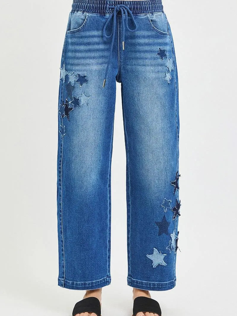 Risen Starstruck Elastic Slouchy Cropped Barrel with Star Patch-Women's Jeans-Shop Z & Joxa