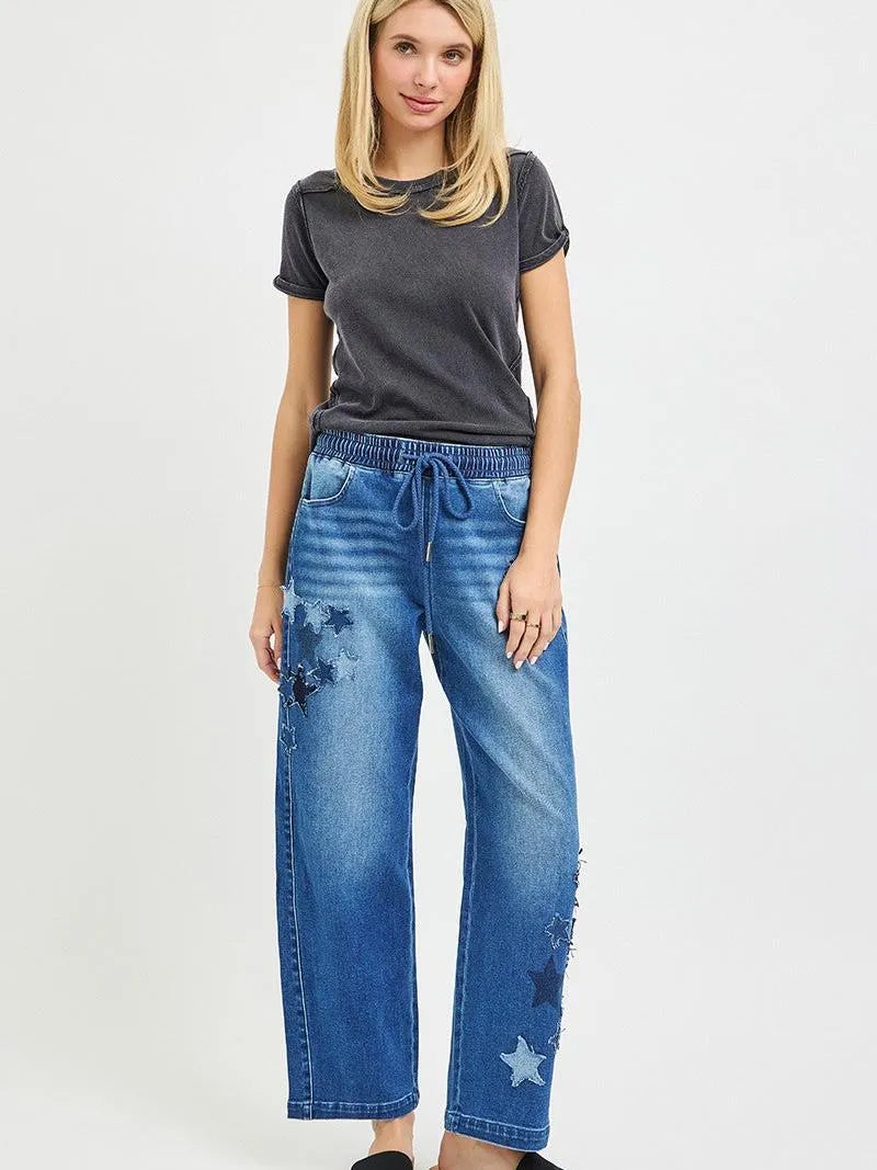 Risen Starstruck Elastic Slouchy Cropped Barrel with Star Patch-Women's Jeans-Shop Z & Joxa