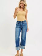 Risen Stone Affair High Rise Straight Cut Cropped Cuff Jeans-Women's Jeans-Shop Z & Joxa