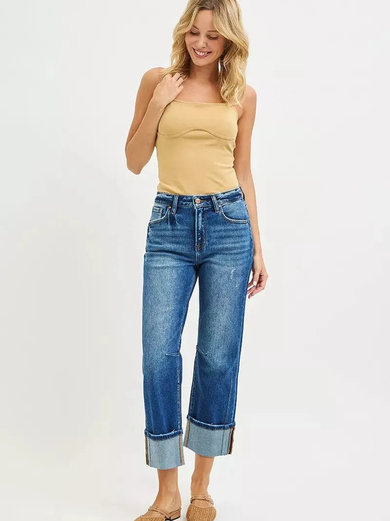Risen Stone Affair High Rise Straight Cut Cropped Cuff Jeans-Women's Jeans-Shop Z & Joxa