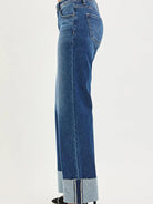 Risen Stone Fold Mid Rise Wide Leg Jeans With Raw Hem Cuffs-Women's Jeans-Shop Z & Joxa