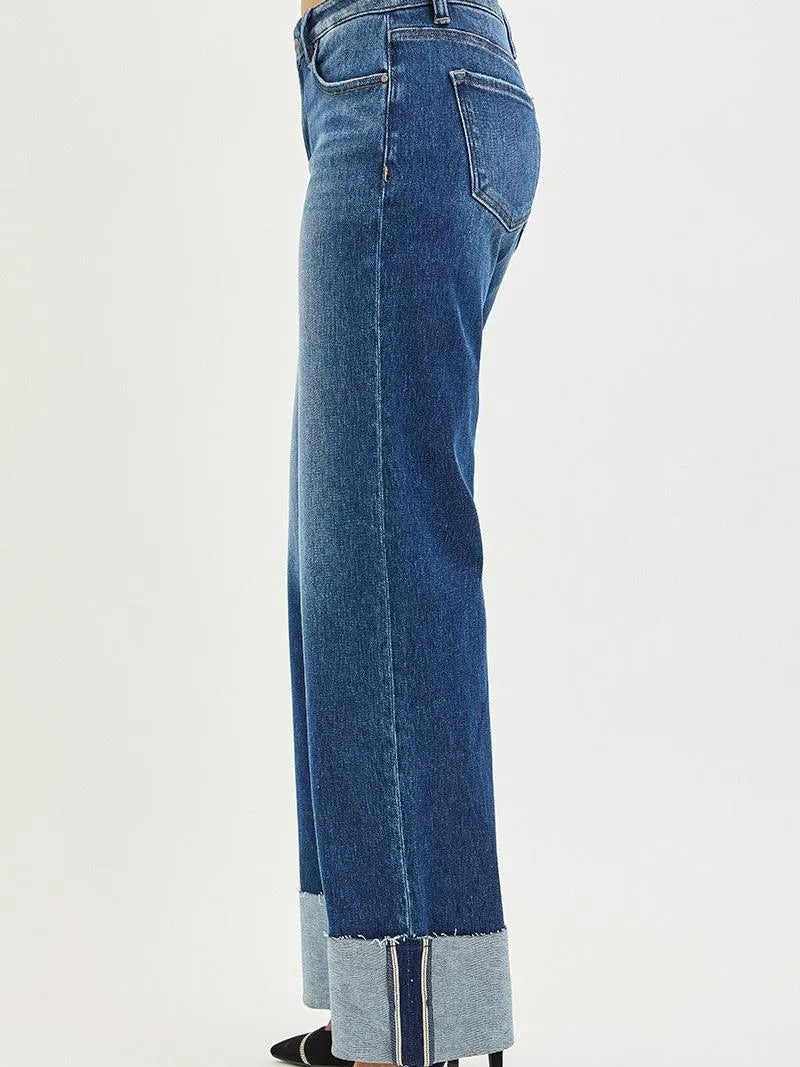 Risen Stone Fold Mid Rise Wide Leg Jeans With Raw Hem Cuffs-Women's Jeans-Shop Z & Joxa