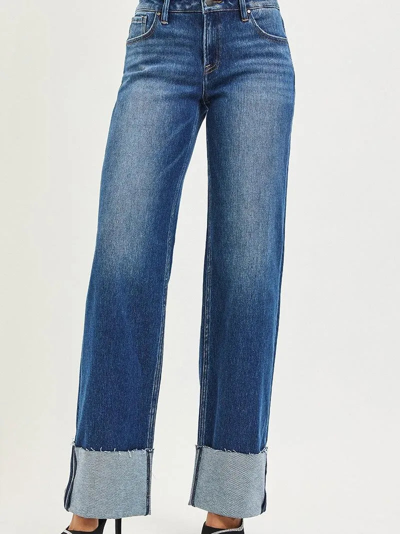 Risen Stone Fold Mid Rise Wide Leg Jeans With Raw Hem Cuffs-Women's Jeans-Shop Z & Joxa