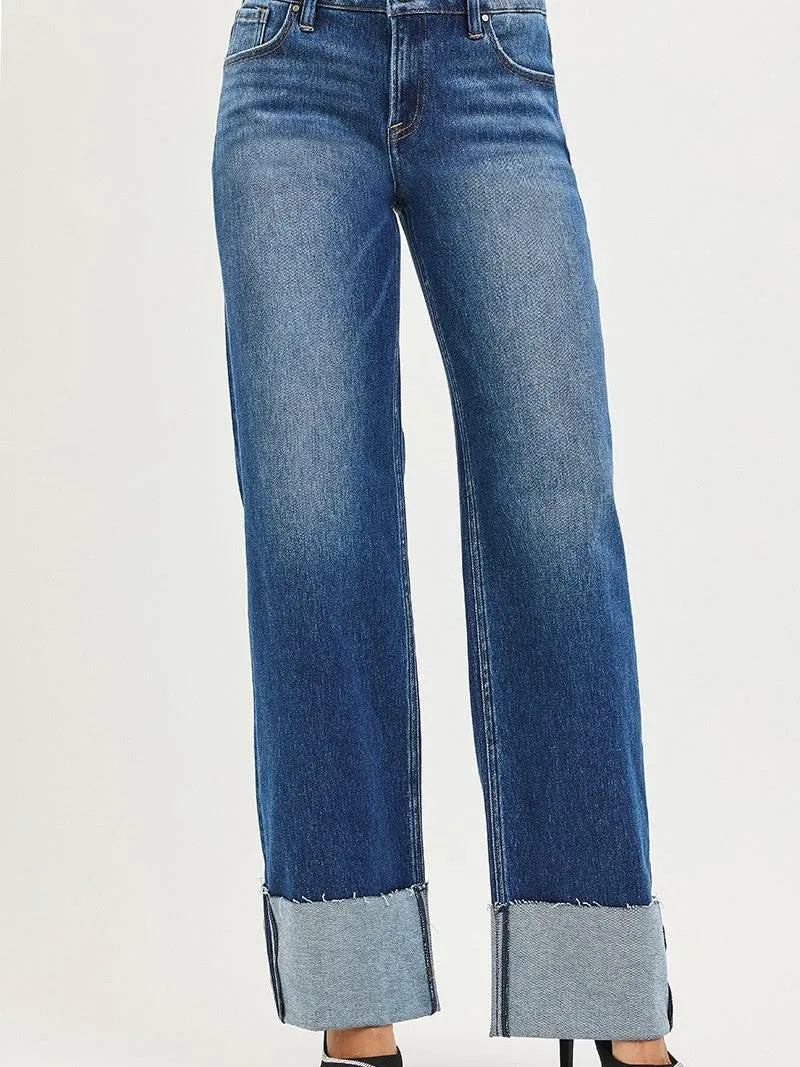 Risen Stone Fold Mid Rise Wide Leg Jeans With Raw Hem Cuffs-Women's Jeans-Shop Z & Joxa