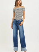 Risen Stone Fold Mid Rise Wide Leg Jeans With Raw Hem Cuffs-Women's Jeans-Shop Z & Joxa