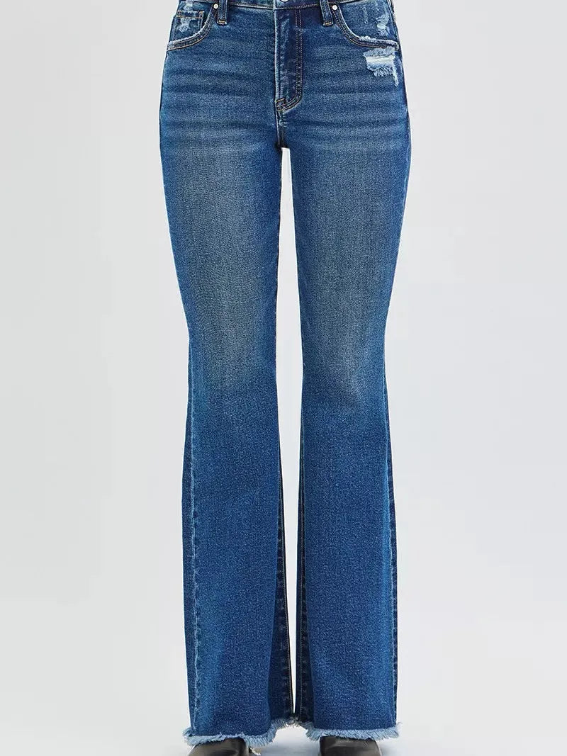 Risen Stone Kissed Flair High Rise Flare Fringe Hem Jeans-Women's Jeans-Shop Z & Joxa