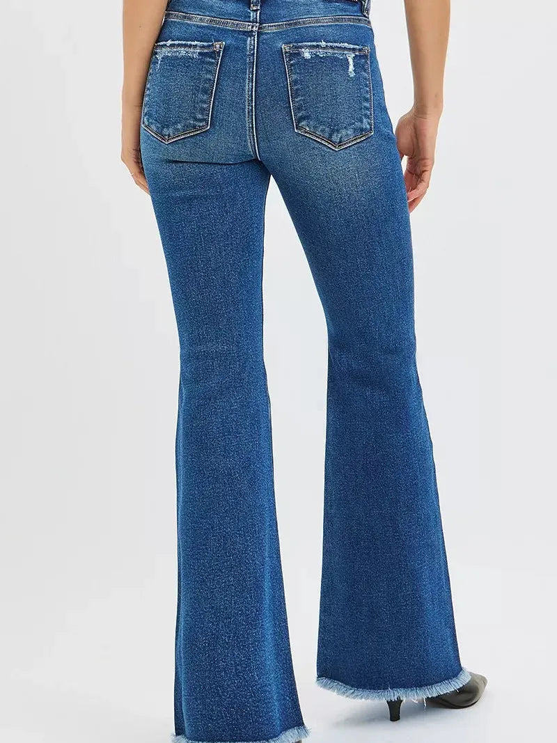 Risen Stone Kissed Flair High Rise Flare Fringe Hem Jeans-Women's Jeans-Shop Z & Joxa