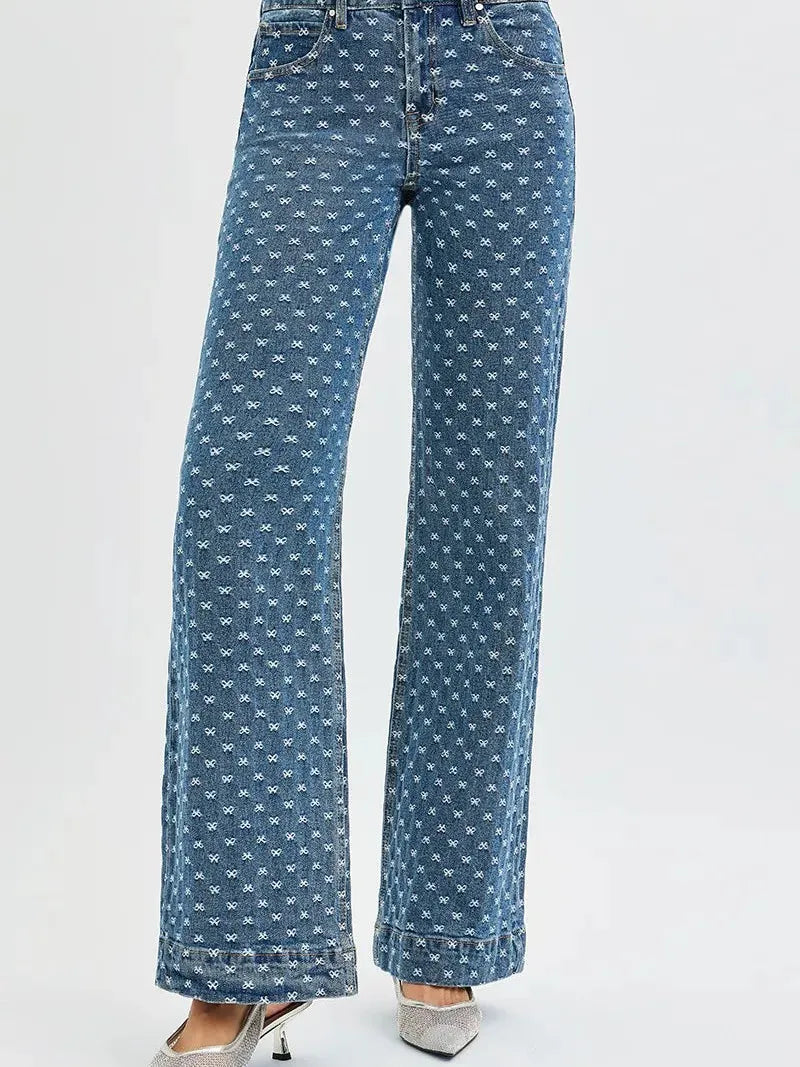 Risen Sweet Stitch High Rise Wide Leg Bow Embroidered Jeans in Dark Stone-Women's Jeans-Shop Z & Joxa