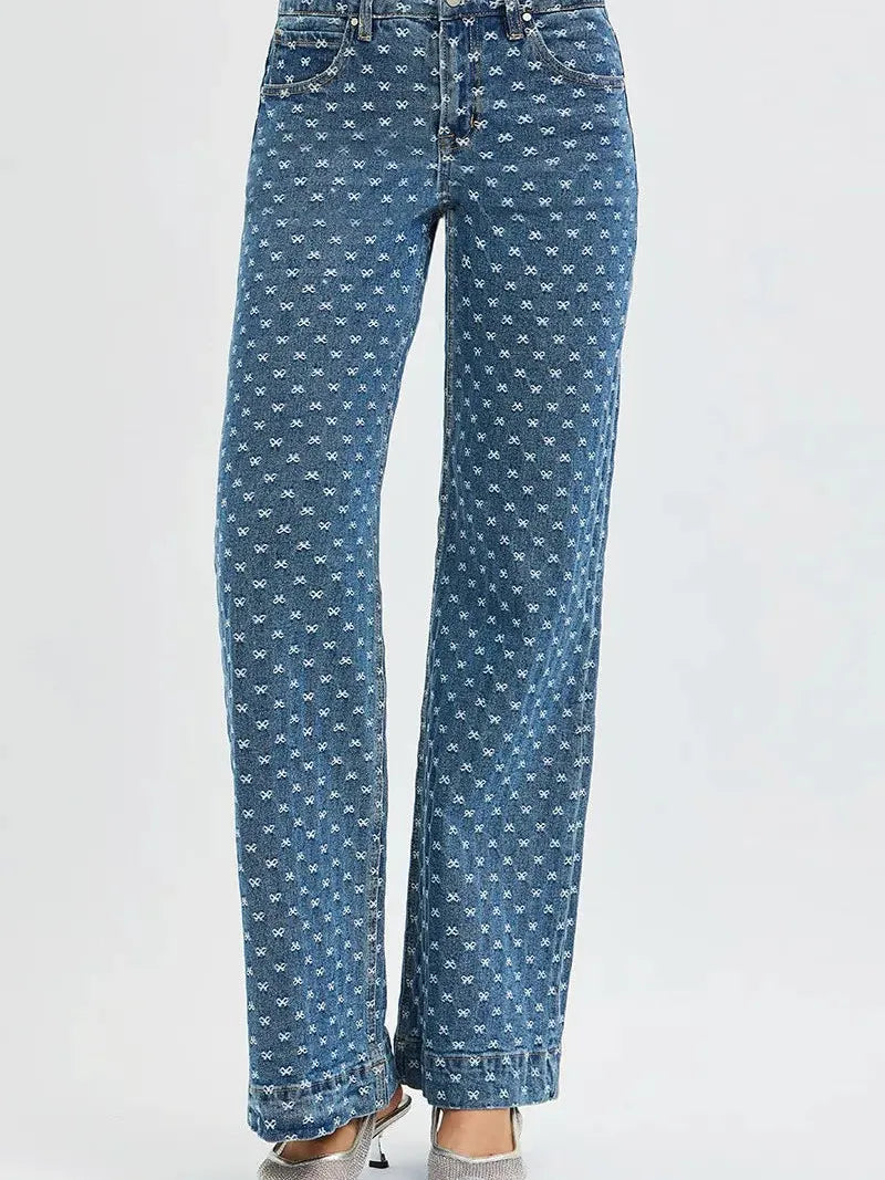 Risen Sweet Stitch High Rise Wide Leg Bow Embroidered Jeans in Dark Stone-Women's Jeans-Shop Z & Joxa