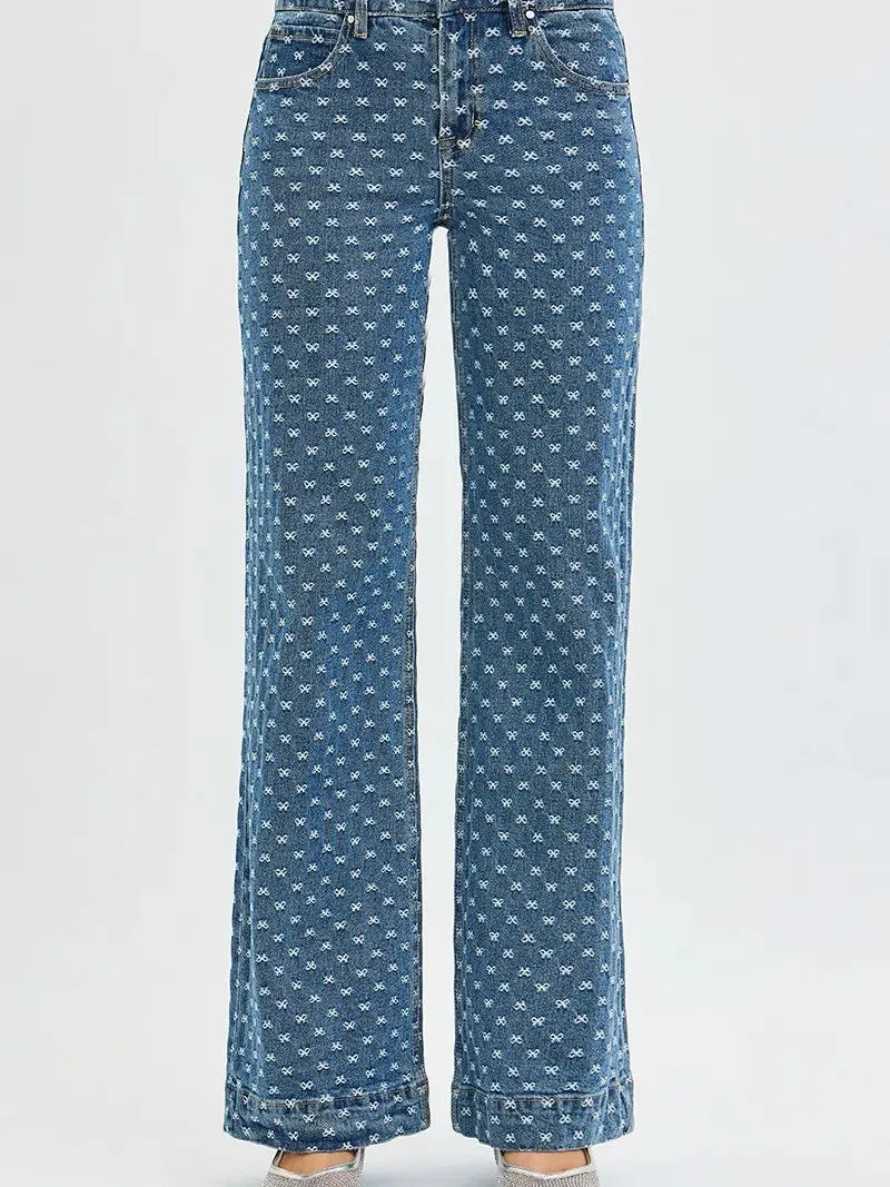 Risen Sweet Stitch High Rise Wide Leg Bow Embroidered Jeans in Dark Stone-Women's Jeans-Shop Z & Joxa