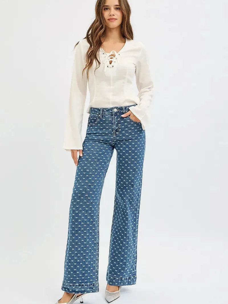 Risen Sweet Stitch High Rise Wide Leg Bow Embroidered Jeans in Dark Stone-Women's Jeans-Shop Z & Joxa