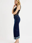 Risen SweetHeart Mid Rise Fit Crop Wide With Printed Cuff Jeans-Women's Jeans-Shop Z & Joxa