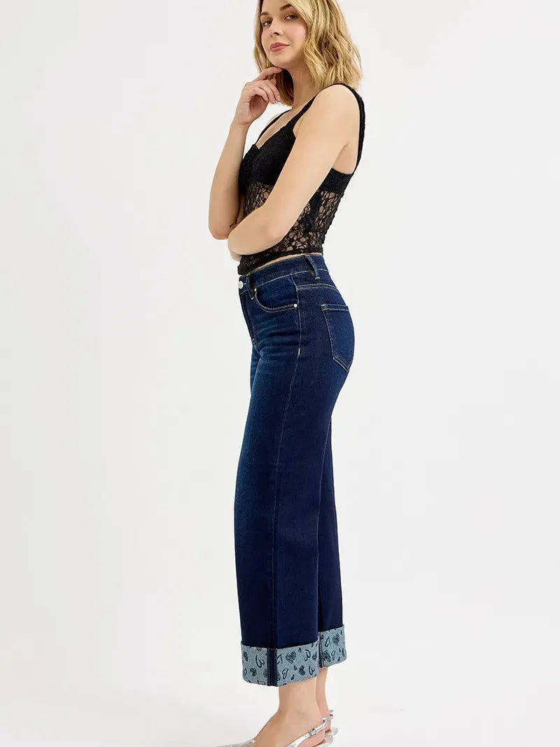 Risen SweetHeart Mid Rise Fit Crop Wide With Printed Cuff Jeans-Women's Jeans-Shop Z & Joxa