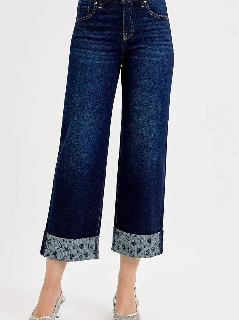 Risen SweetHeart Mid Rise Fit Crop Wide With Printed Cuff Jeans-Women's Jeans-Shop Z & Joxa