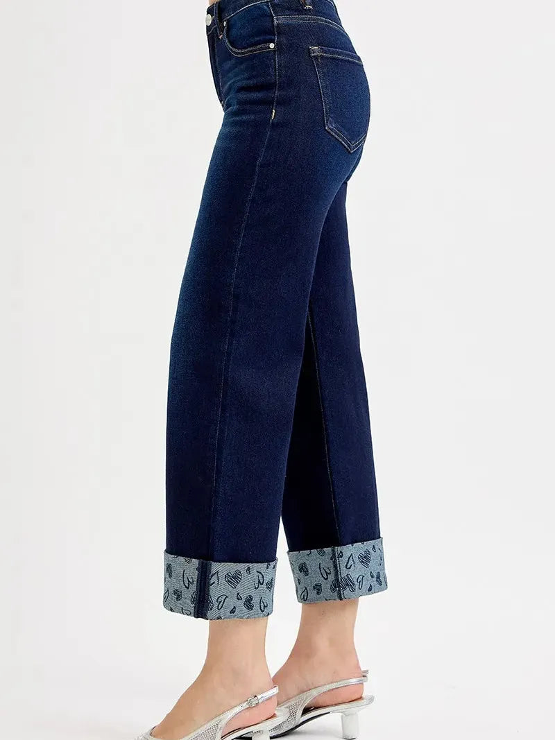 Risen SweetHeart Mid Rise Fit Crop Wide With Printed Cuff Jeans-Women's Jeans-Shop Z & Joxa