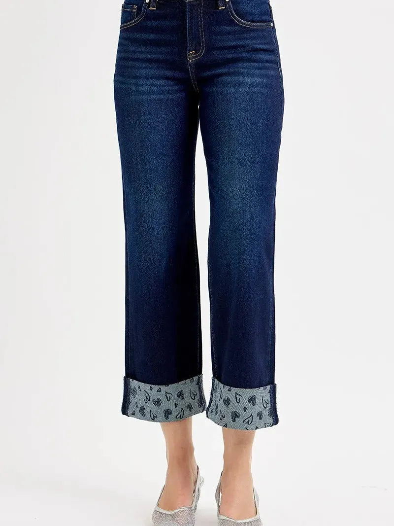Risen SweetHeart Mid Rise Fit Crop Wide With Printed Cuff Jeans-Women's Jeans-Shop Z & Joxa