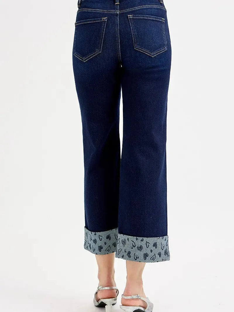 Risen SweetHeart Mid Rise Fit Crop Wide With Printed Cuff Jeans-Women's Jeans-Shop Z & Joxa