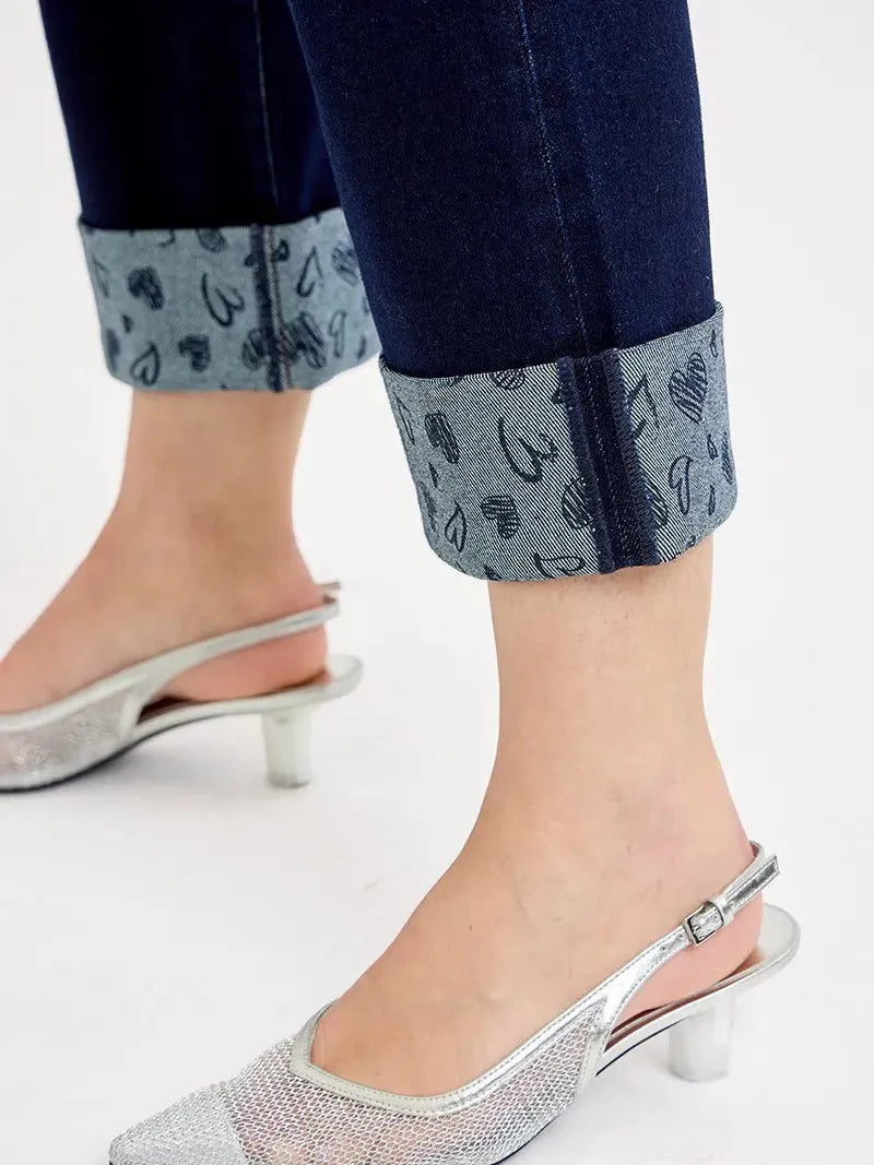 Risen SweetHeart Mid Rise Fit Crop Wide With Printed Cuff Jeans-Women's Jeans-Shop Z & Joxa