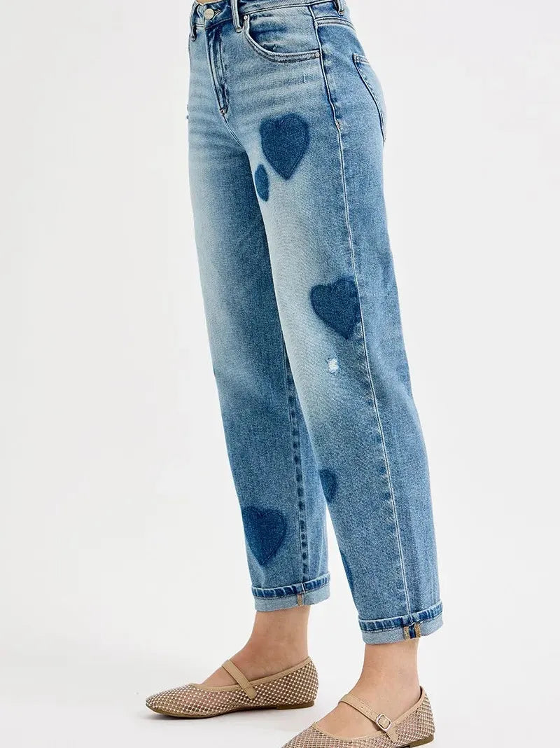 Risen Sweetheart Wash Mid Rise Fit-Boyfriend Heart Print Jeans-Women's Jeans-Shop Z & Joxa