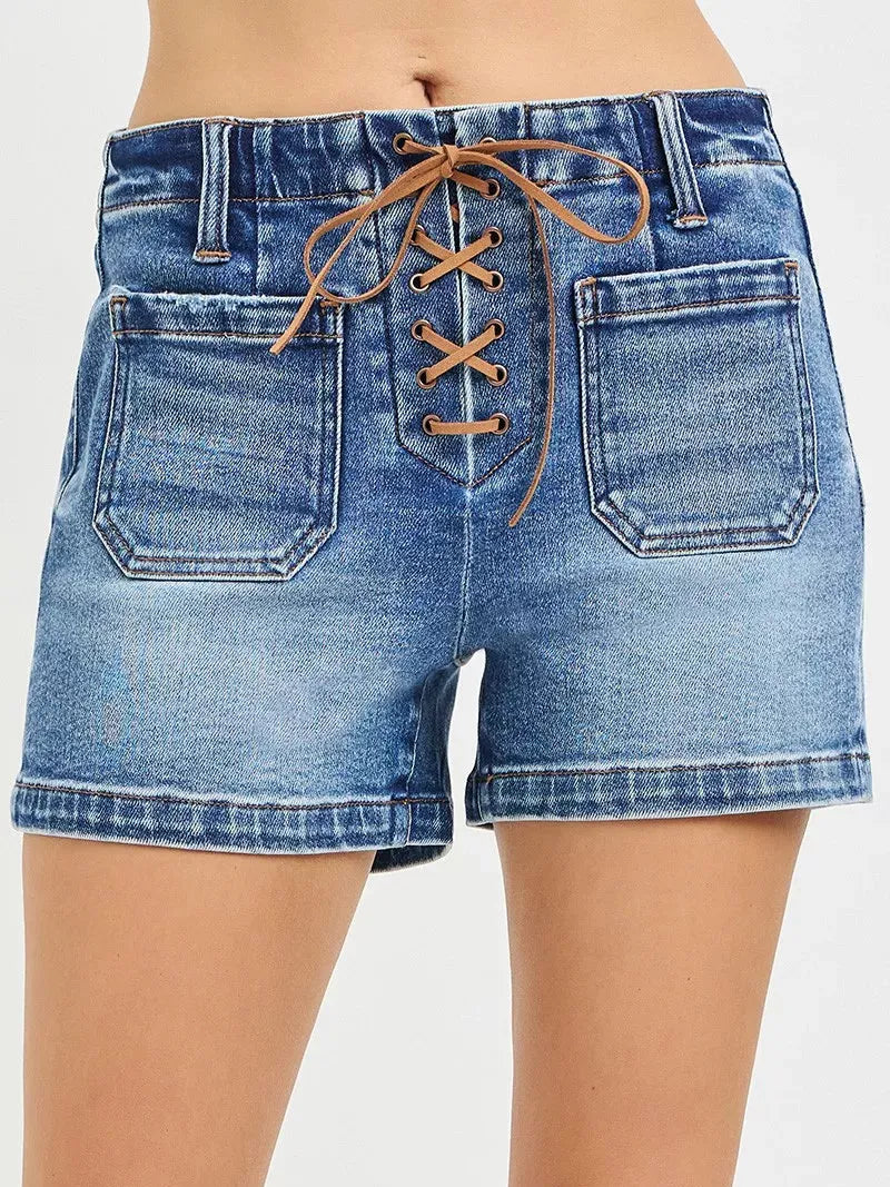 Risen Tie it Together High Rise Front Tie Up Shorts with Patch Pockets-Women's Shorts-Shop Z & Joxa