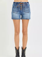 Risen Tie it Together High Rise Front Tie Up Shorts with Patch Pockets-Women's Shorts-Shop Z & Joxa