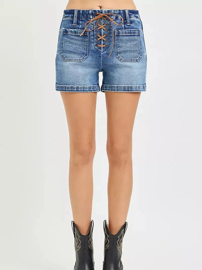 Risen Tie it Together High Rise Front Tie Up Shorts with Patch Pockets-Women's Shorts-Shop Z & Joxa