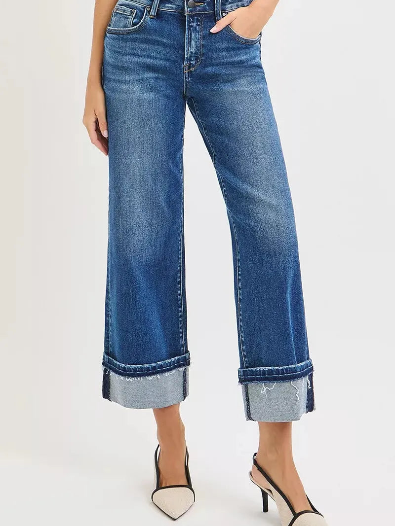 Risen Timeless Edge Mid Rise Ankle Straight Cuff Hem Jeans-Women's Jeans-Shop Z & Joxa