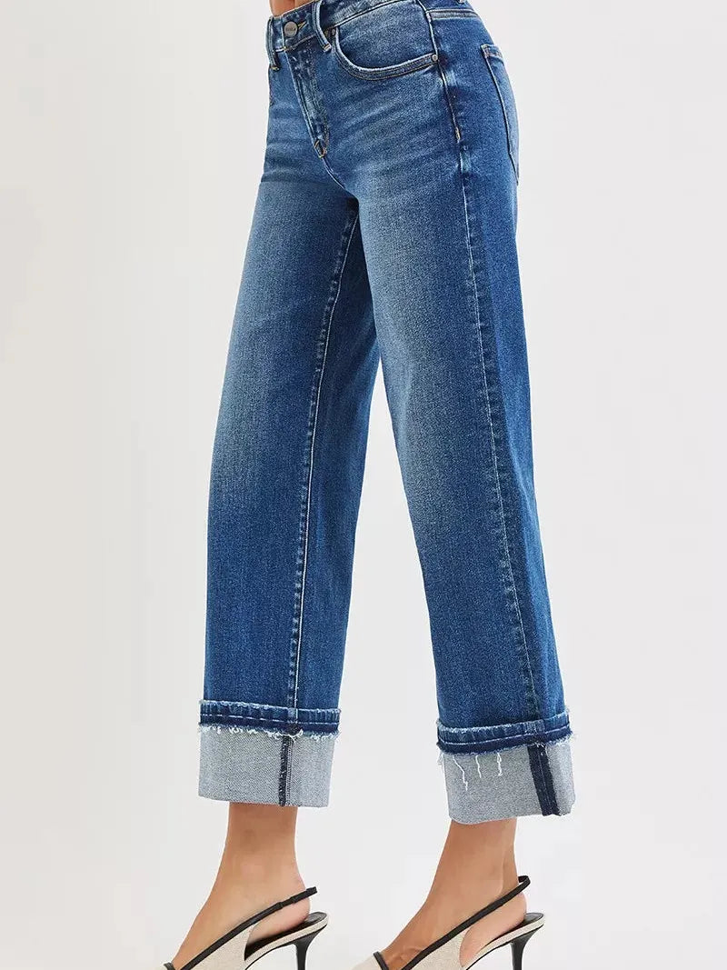 Risen Timeless Edge Mid Rise Ankle Straight Cuff Hem Jeans-Women's Jeans-Shop Z & Joxa