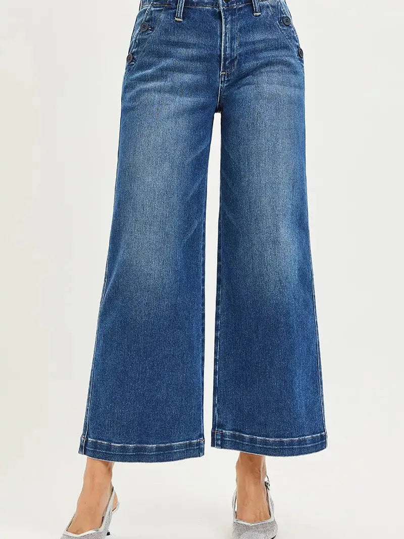 Risen Triple Threat High Rise Wide Leg Crop Jeans Buttons-Women's Jeans-Shop Z & Joxa