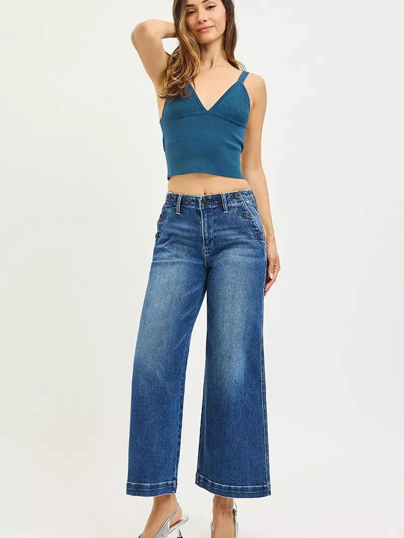 Risen Triple Threat High Rise Wide Leg Crop Jeans Buttons-Women's Jeans-Shop Z & Joxa