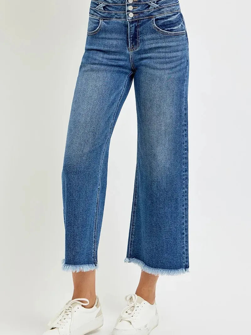 Risen Triple Threat High Rise Wide Leg Cropped Jeans with Wide Band-Women's Jeans-Shop Z & Joxa