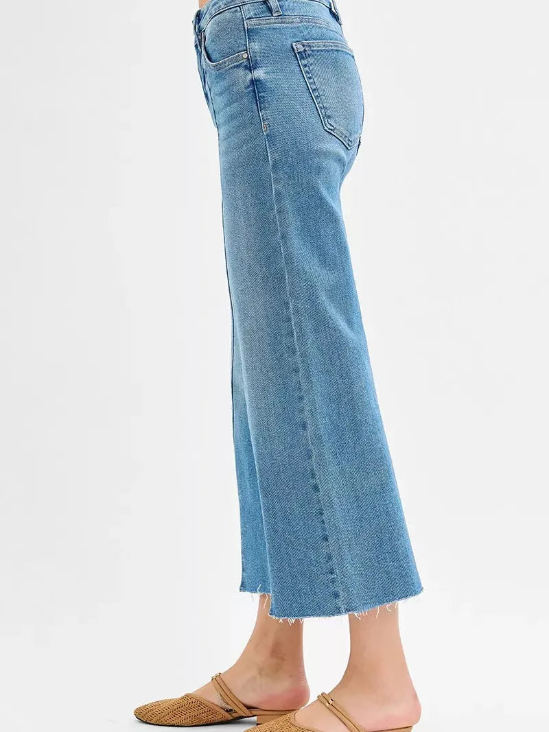 Risen Twist and Turn Tummy Control Mid Rise Crop Wide Front Slit Jeans-Women's Jeans-Shop Z & Joxa