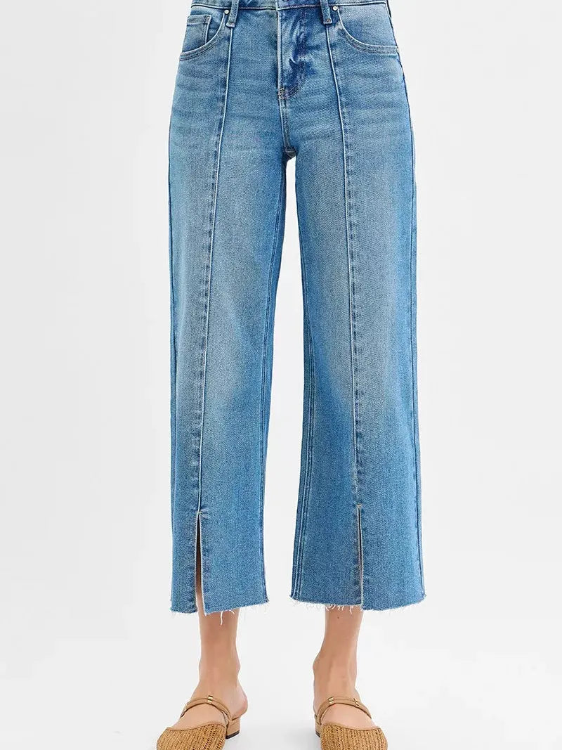 Risen Twist and Turn Tummy Control Mid Rise Crop Wide Front Slit Jeans-Women's Jeans-Shop Z & Joxa