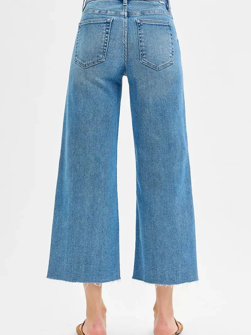 Risen Twist and Turn Tummy Control Mid Rise Crop Wide Front Slit Jeans-Women's Jeans-Shop Z & Joxa