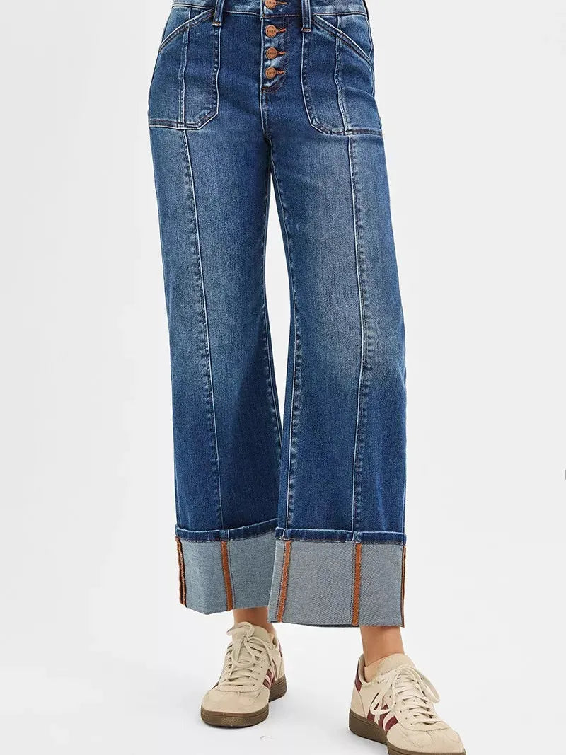 Risen Urban Drift High Rise Crop Wide Straight Cuffed Jeans-Women's Jeans-Shop Z & Joxa