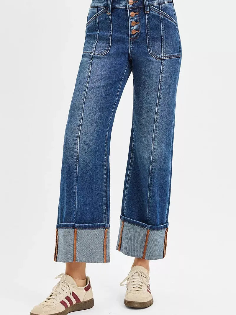 Risen Urban Drift High Rise Crop Wide Straight Cuffed Jeans-Women's Jeans-Shop Z & Joxa