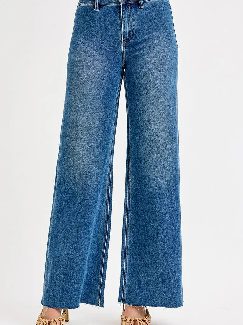 Risen UrbanWave High Waist Wide Leg Jeans in Medium Stone-Women's Jeans-Shop Z & Joxa