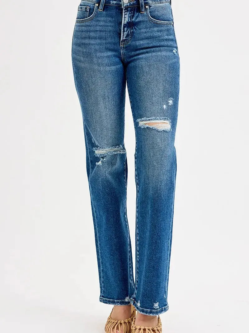 Risen Vintage Edge Tummy Control High-Rise Straight Jeans-Women's Jeans-Shop Z & Joxa