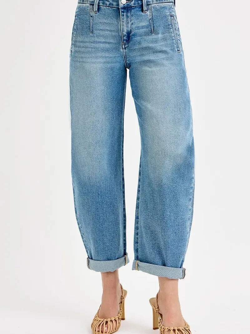 Risen Vintage Mid-rise Roll-Up Barrel Jeans-Women's Jeans-Shop Z & Joxa