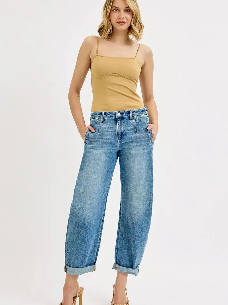 Risen Vintage Mid-rise Roll-Up Barrel Jeans-Women's Jeans-Shop Z & Joxa
