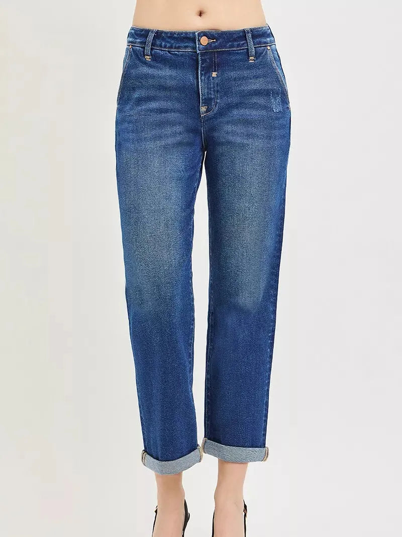 Risen Weekend Crush Slouchy Cropped Boyfriend Jeans with Cuffs-Women's Jeans-Shop Z & Joxa
